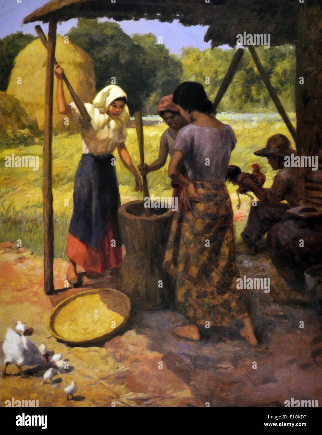 Fernando C Amorsolo, Pounding rice, 1948.  Oil on canvas. Stock Photo
