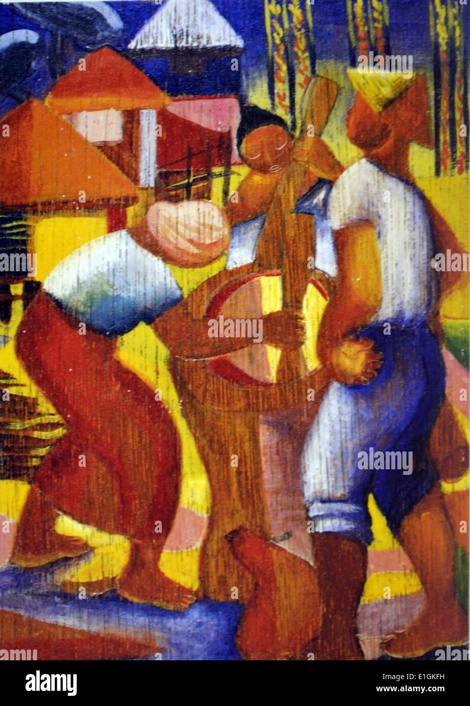 Nena Saguil, Pounding Rice, 1951. Oil on canvas. Stock Photo