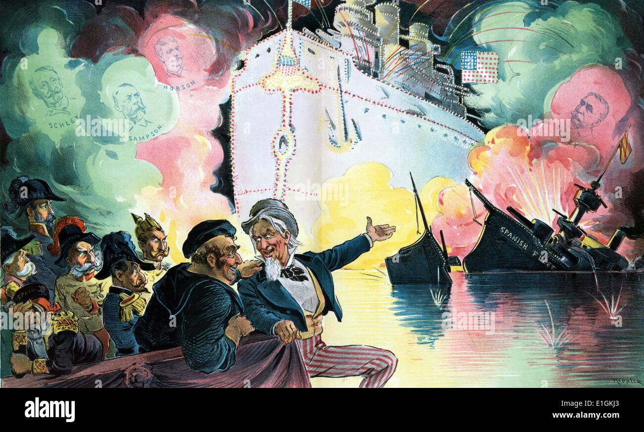 Celebrating July 4th, 1898 - 'the triumph of the American battle-ship' by Udo Keppler, 1872-1956, artist 1898. shows a gleeful Uncle Sam sitting with John Bull, who is a sailor representing England, and six figures representing 'Spain', 'Italy' (Umberto I), 'Austria' (Franz Joseph I), 'France', Germany (William II), and 'Russia' (Nicholas II), watching a fireworks display that shows the outline of a huge American battleship that illuminates the ruins of the 'Spanish Fleet', and in the clouds of smoke shows portraits of 'Schley, Sampson, Hobson, [and] Dewey'. Stock Photo