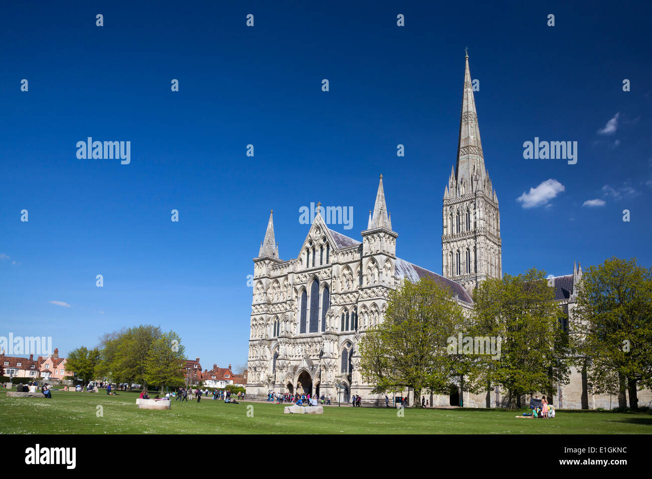 Early English Gothic style Salisbury Cathedral with the talest spire in the country. Wiltshire England UK Europe Stock Photo