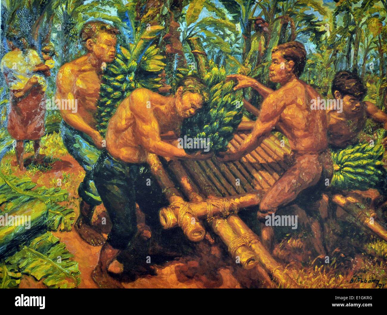 Gamaliel Subang, Banana Plantation Workers, 1991. Oil on canvas. Stock Photo