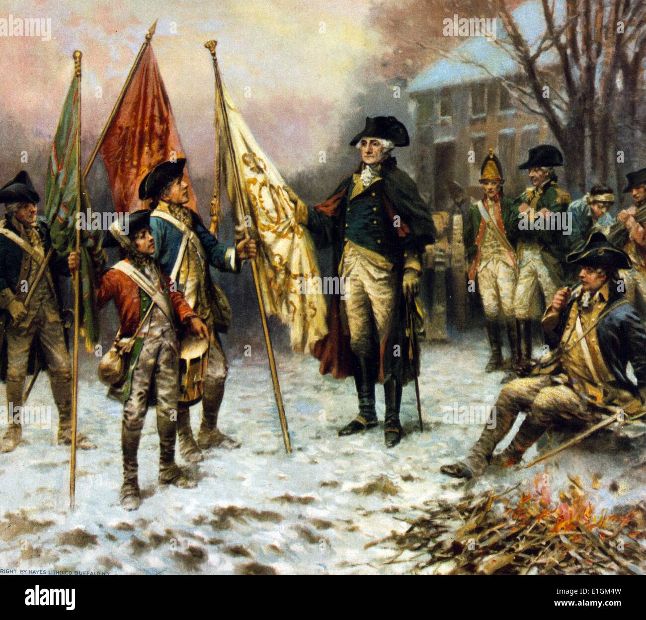 General George Washington standing with a group of soldiers looking at the flags captured from the British during the battle of Trenton in 1776. By Percy Moran 1862-1935. dated 1914 Stock Photo