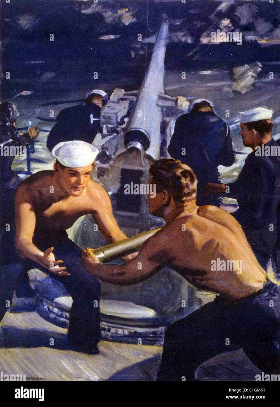 World war two, american poster showing sailors loading ammunition into a cannon. 'A message from America' by Hayden, c1943. Stock Photo