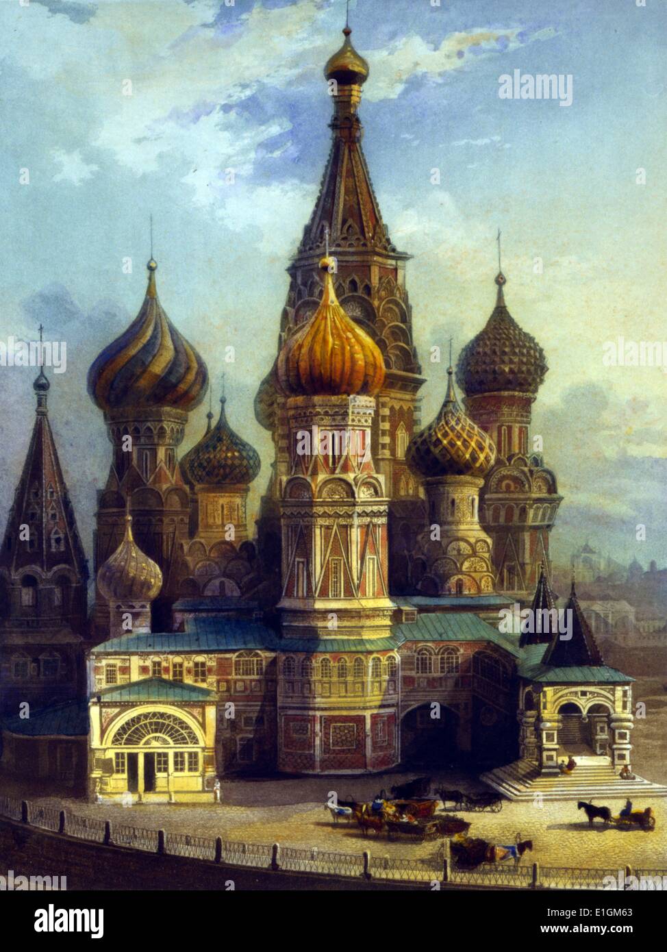 Church of St. Basil, Moscow Russia. etching and aquatint, in colour, based on a daguérreotype photographed by Noël Paymal Lerebours, 1807-1873 Stock Photo