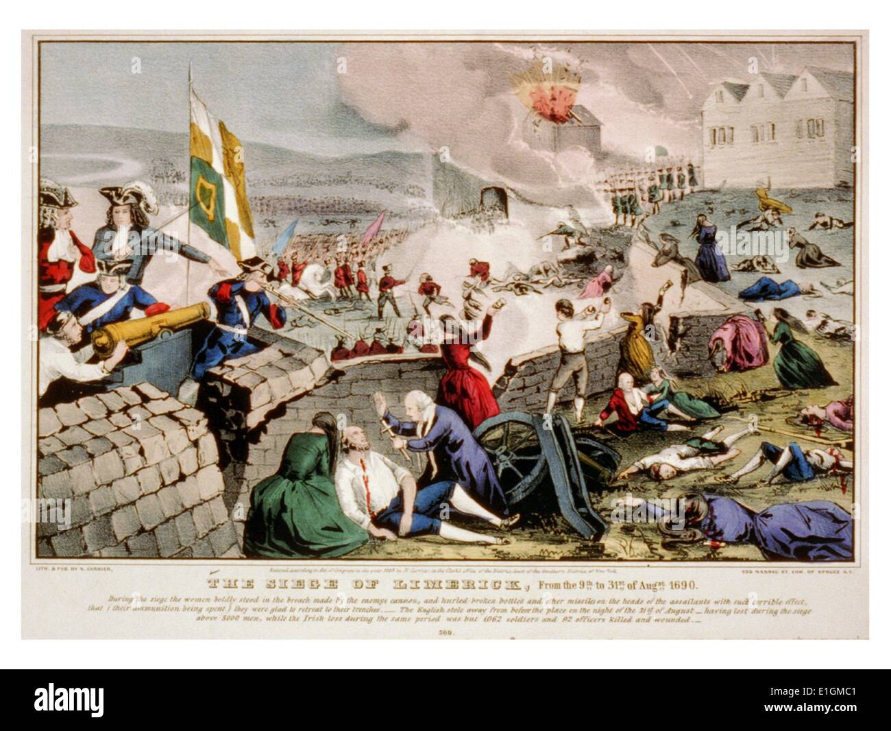 Hand-coloured Currier and Ives lithograph of the siege of Limerick. Dated 1848 Stock Photo