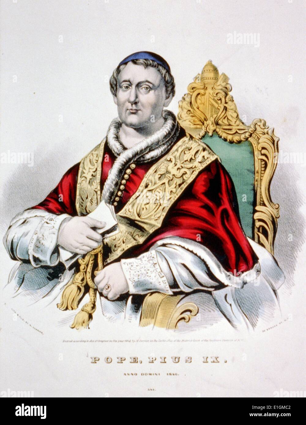 Hand-coloured Currier and Ives lithograph of Pope Pius IX. Dated 1846 Stock Photo