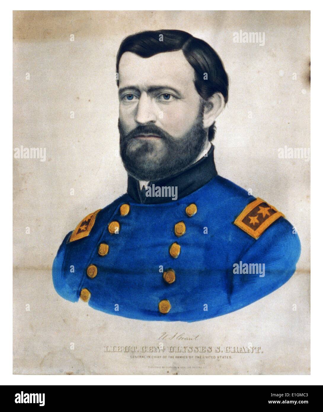 Hand-coloured Currier and Ives illustration of Lieut. Genl. Ulysses S. Grant, General in Chief of the armies of the United States of America. Dated 1880 Stock Photo