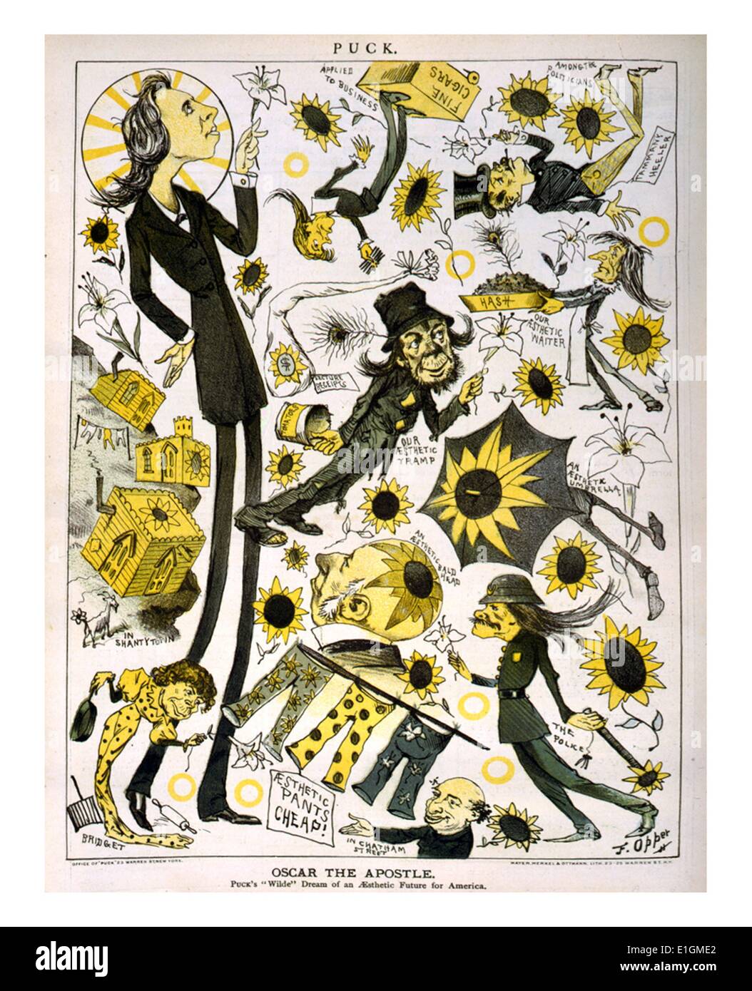 Oscar the apostle. Puck's 'Wilde' dream of an aesthetic future for America by Frederick Burr Opper,  1857-1937, artist Published: 1882. Cartoon showing Oscar Wilde, with people and things dealing with aesthetics Stock Photo