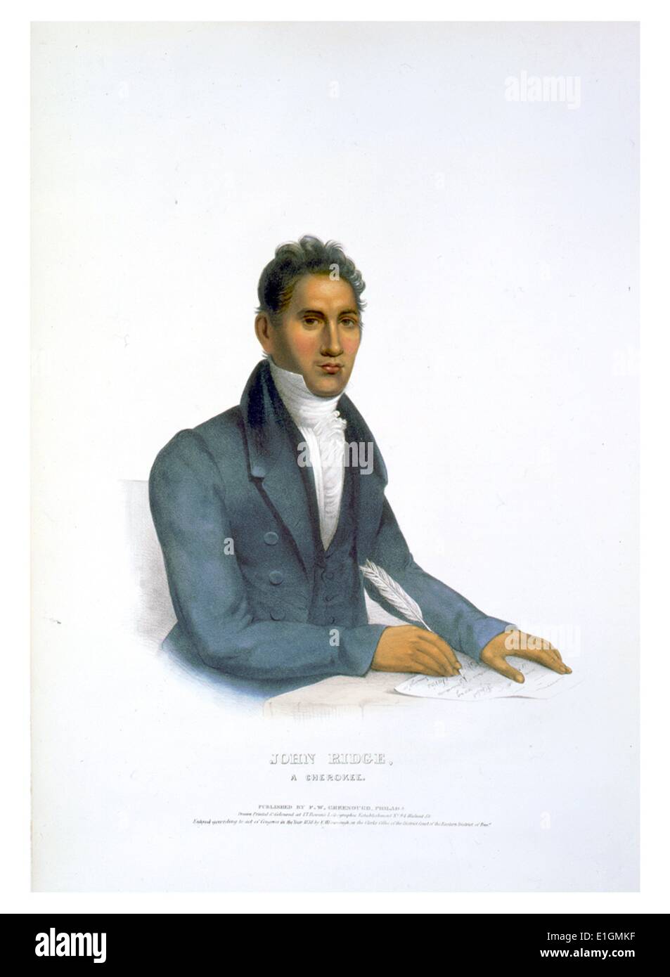 Print shows John Ridge, half-length portrait, seated, facing right, writing with quill pen. Stock Photo