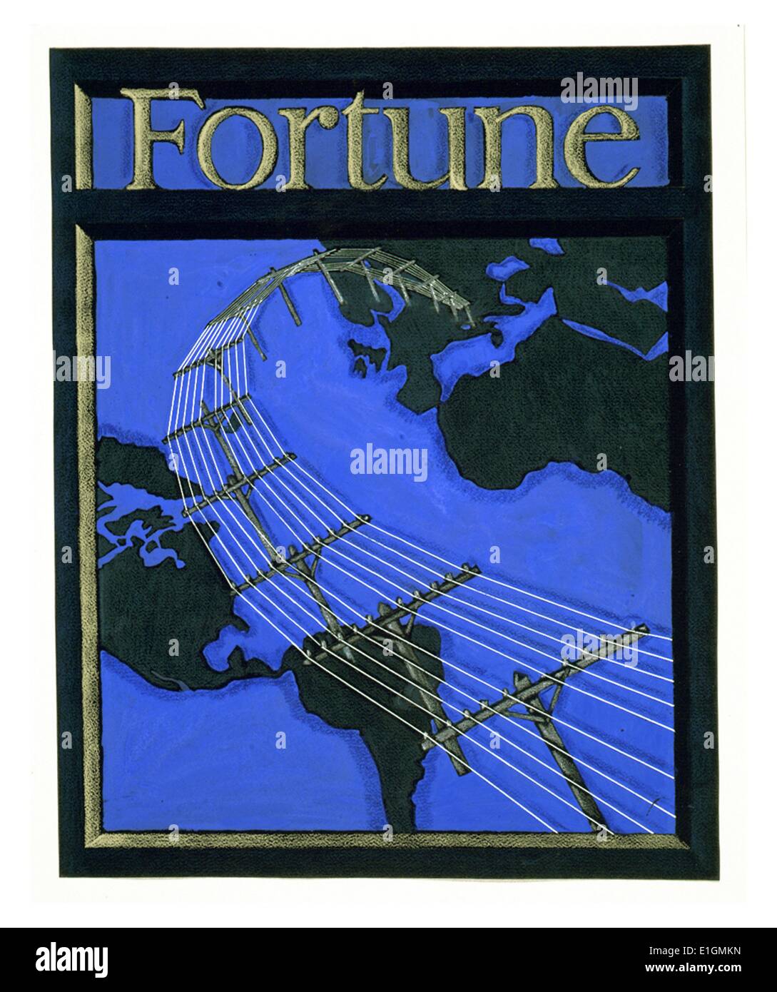 Cover design for Fortune magazine showing telephone lines spanning the globe. drawing on black paper : graphite, pastel, ink, and gouache, colour. Stock Photo