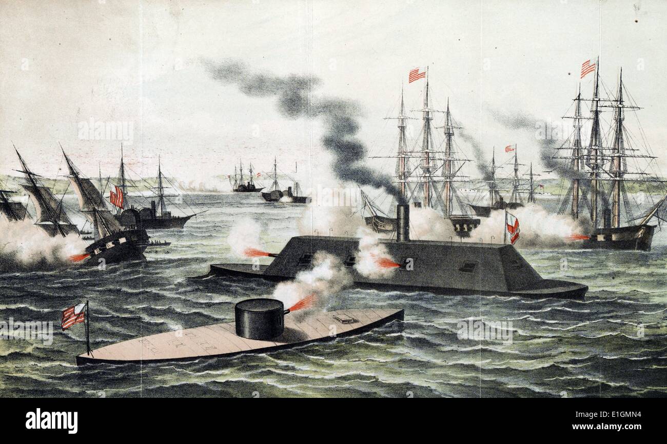 Colour lithograph print shows the Monitor and the Merrimack firing at