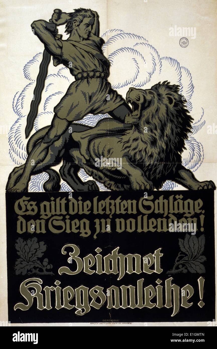 Poster shows a medieval warrior about to slay a roaring lion. Text: It is essential that the last blows achieve victory! Subscribe to the War Loan. Stock Photo