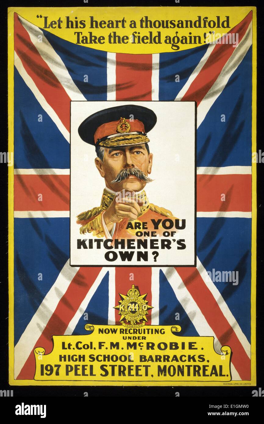 Are you one of Kitchener's own? dated between 1914 and 1918. Poster shows portrait of Lord Kitchener with Union Jack as a background. Stock Photo