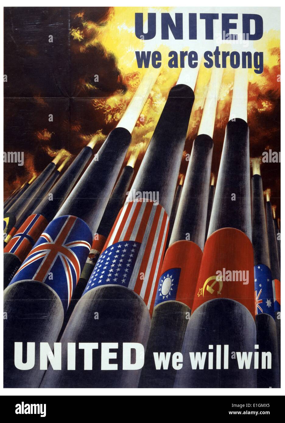 World War II poster showing cannons, each with the flag of an allied power, blasting into the sky. Created by Henry Koerner (1915-1991). Dated 1943 Stock Photo