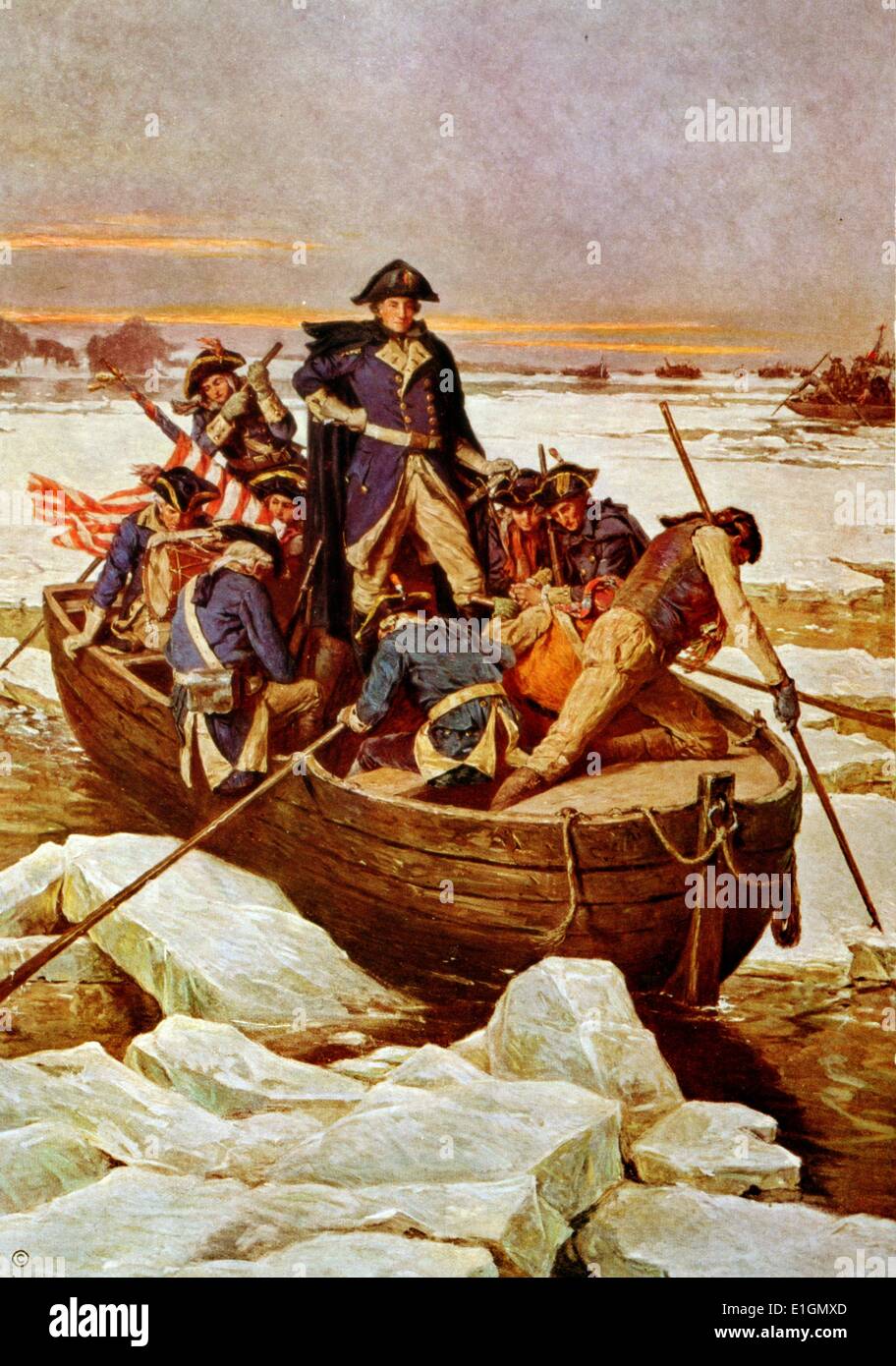 Colour print of George Washington crossing the Delaware River. Dated 1913 Stock Photo