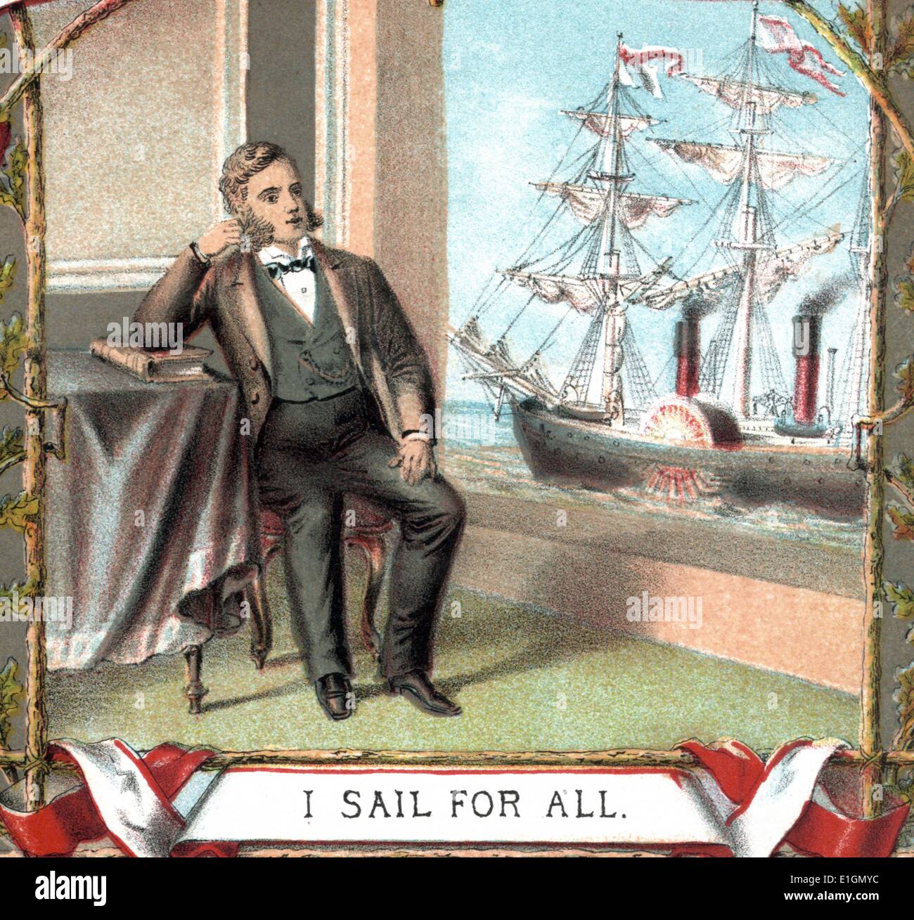 Vignette inspired by the Granger movement, depicts a ship owner watching his vessel through a window, asserting the importance of the farmer in American society. The title is a variation on the movement's motto, 'I Pay for All.' The Grange was an organization composed mostly of Midwestern farmers, who united to combat the monopolistic practices of the railroads and grain elevators.  Dated 1875 Stock Photo