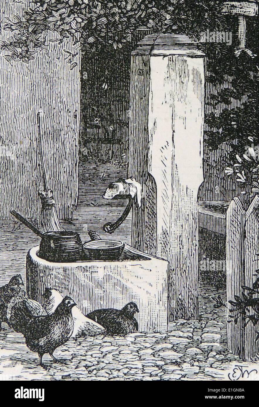 Chickens round the yard pump. This was the only source of water so pots and pans would be taken out to be washed. Engraving, London, 1884 Stock Photo
