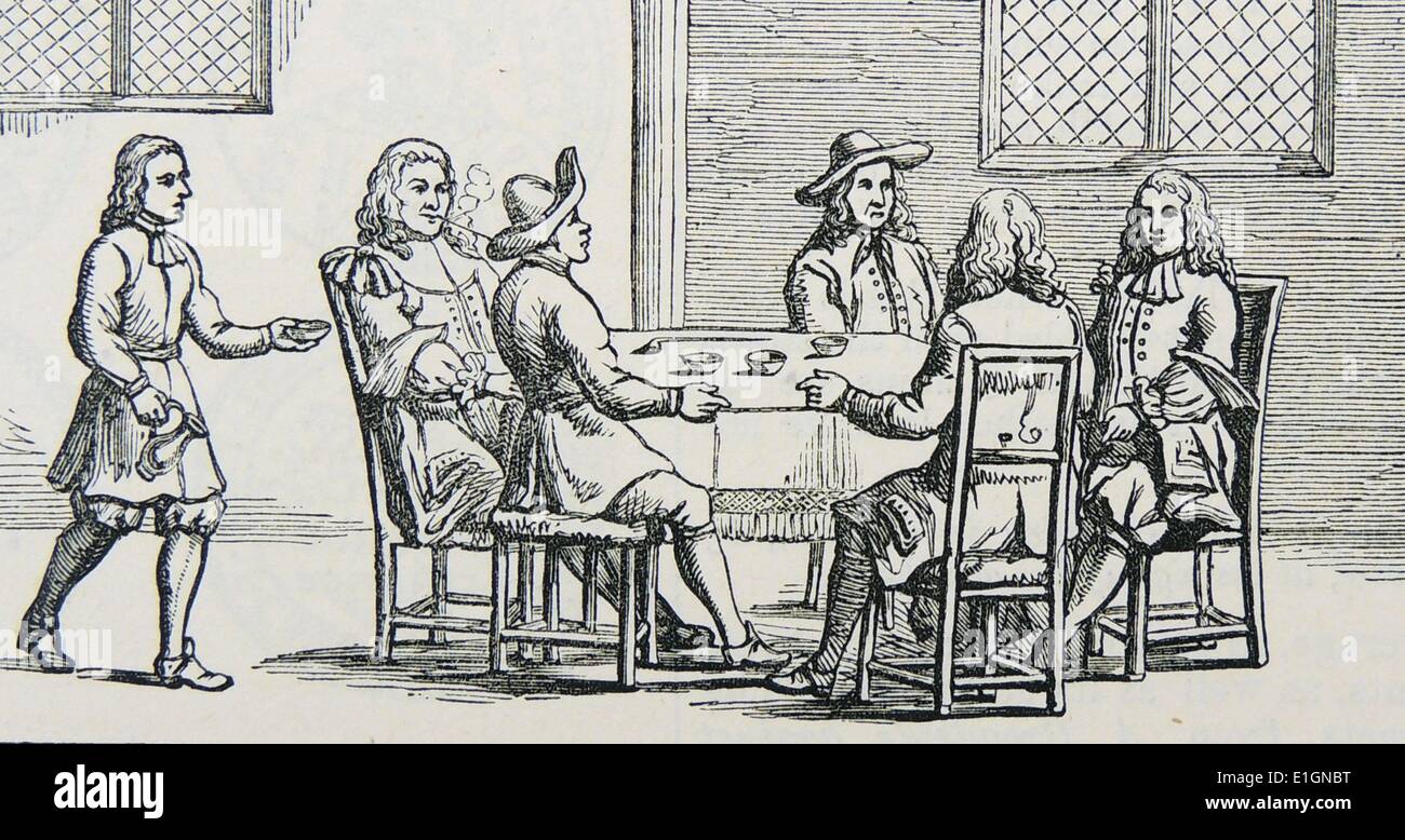 Coffee House in London, England , in the mid-seventeenth century. Engraving, London, 1869. Stock Photo