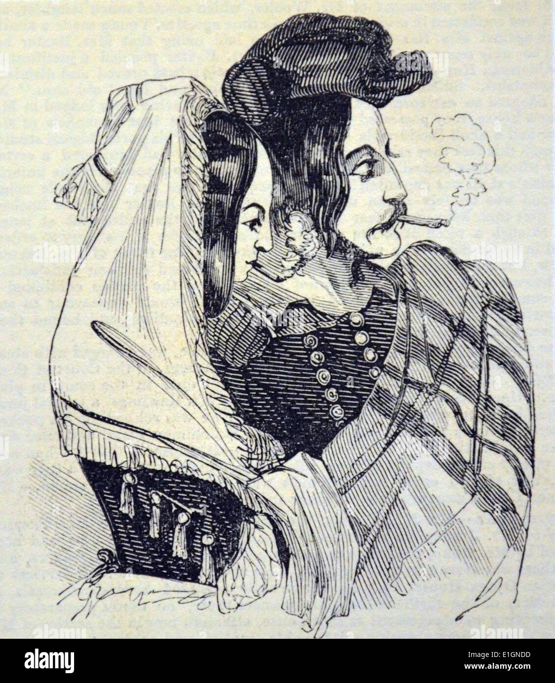 Spanish man and woman smoking cherrots.  Illustration by Alfred Crowquill (Alfred Henry Forrestier - 1804-1872) from ''The Illustated London News'', London, 1844. Stock Photo