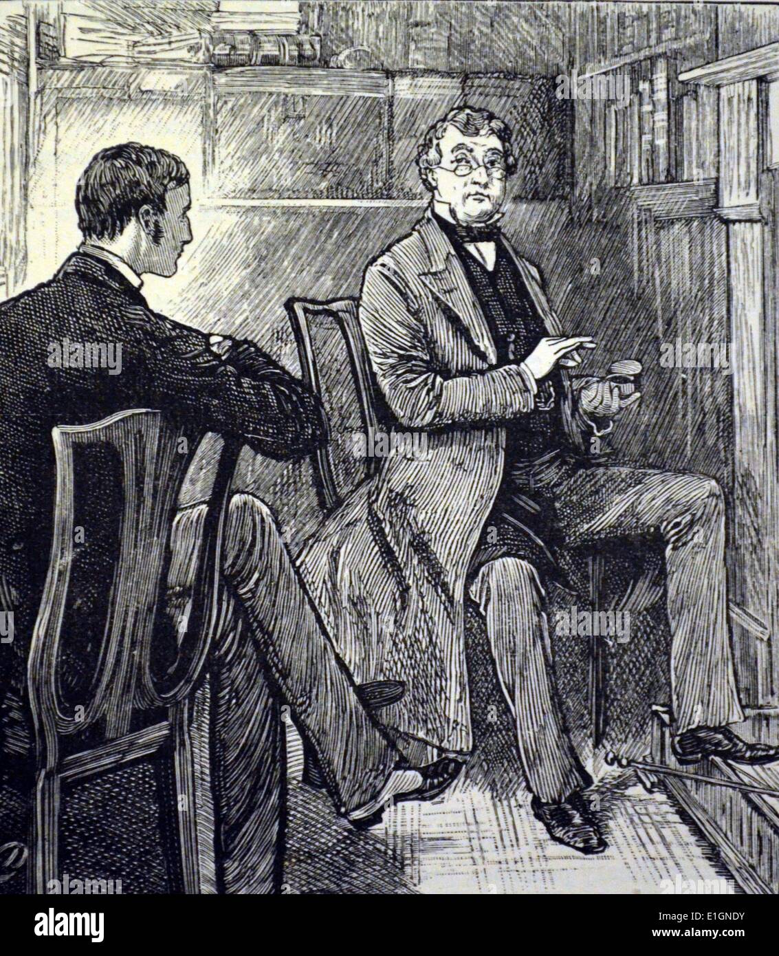 Professional gentleman sitting by fireside, taking apinch of snuff. Illustration by Frank Dadd, London, 1883. Stock Photo