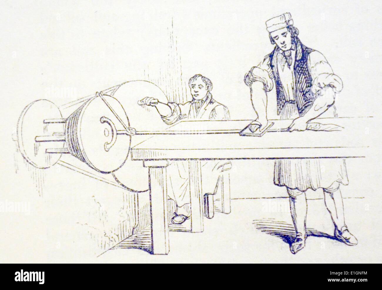 Making pigtail tobacco: the tobacco leaves are being spun into a long rope.  A boy keeps a type of spinning wheel turning while the man at the bench  adds more and more
