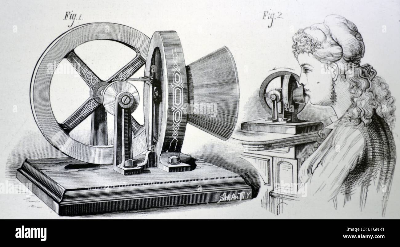 Edison's phonometer  which used the energy generated by speech to drive a flywheel. He claimed the power could be usded to drill a hole in a wooden wall.  From ''La Nature'', Paris, 1878. Stock Photo