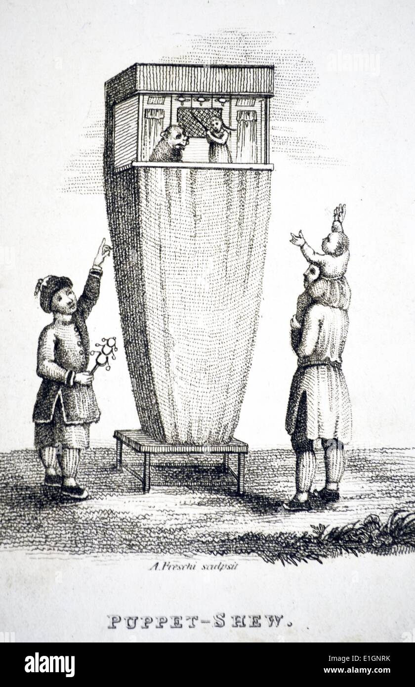 Travelling puppet show, China, 1812.  Stipple engraving, London, 1812. Stock Photo
