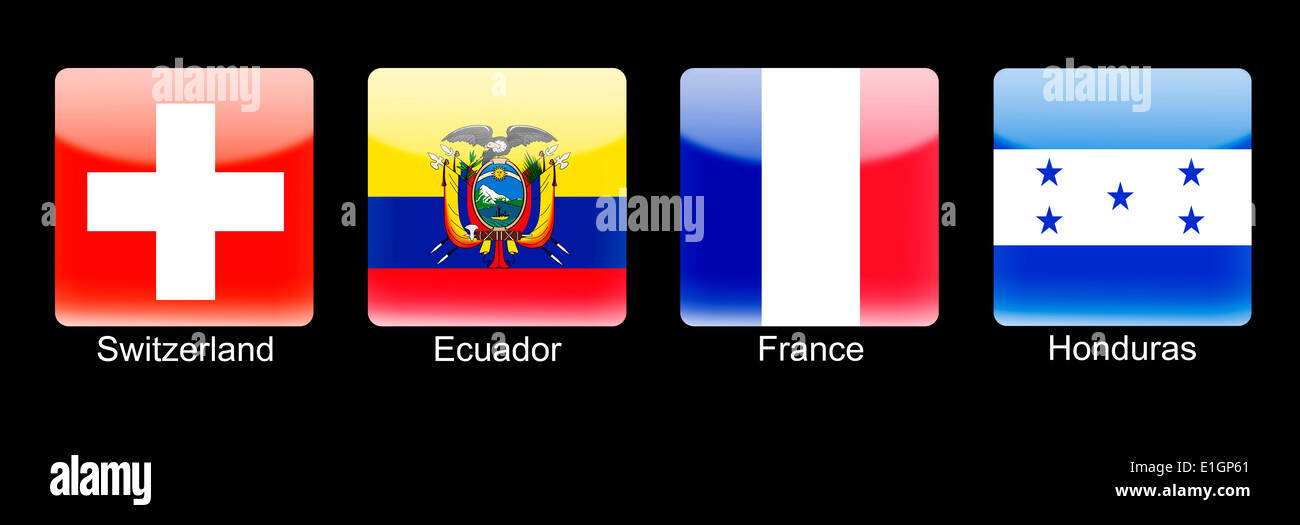 Smartphone icons with group E flags on black background Stock Photo