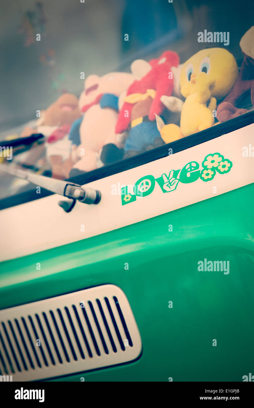 Love sticker on the front of a VW Campervan with added nostalgic filter Stock Photo