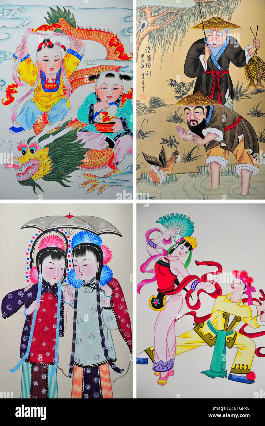 Jinan. 1st June, 2014. Combined photo taken on June 1, 2014 shows Gaomi ash-patting new year paintings, in Gaomi, east China's Shandong Province. Gaomi ash-patting new year painting is a traditional art craft which has enjoyed a history of over 500 years and only existed in Gaomi. It has been included in the list of national intangible cultural heritages. © Guo Xulei/Xinhua/Alamy Live News Stock Photo