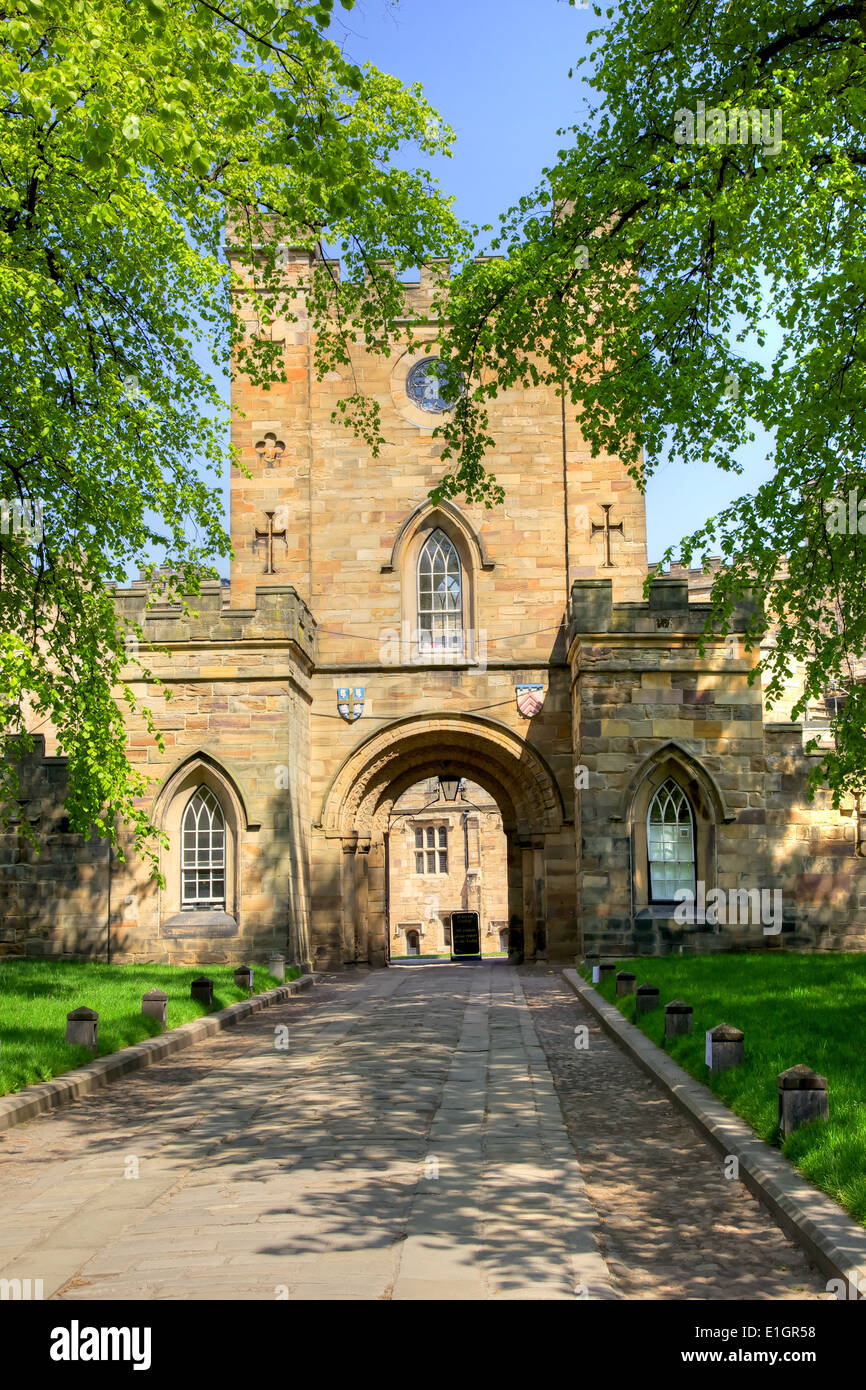 The gates of Durham Castle, a Norman castle in Durham, England, which has been wholly occupied since 1840 by University College. Stock Photo