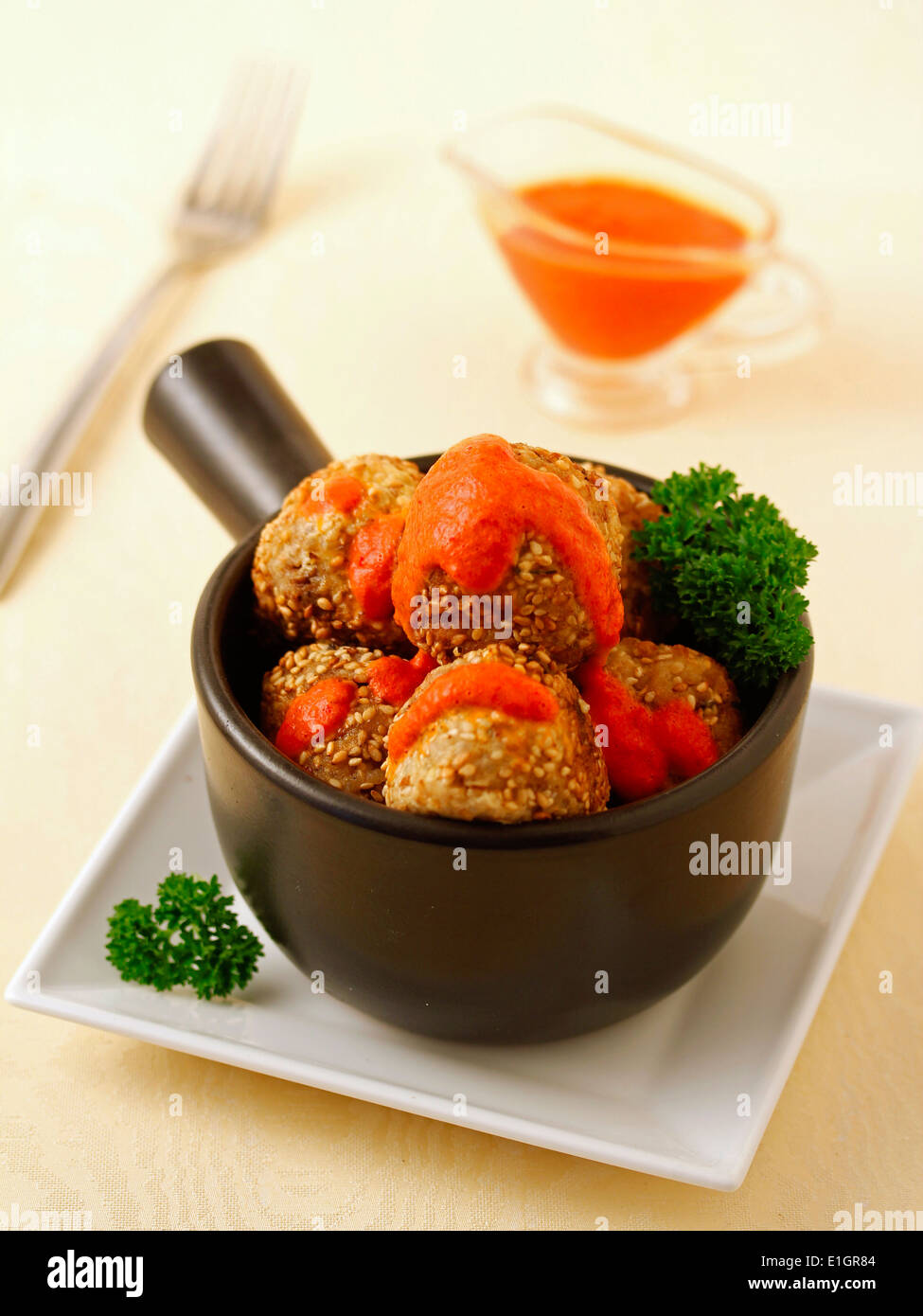 Quinoa meatballs with cheese and mushrooms. Recipe available. Stock Photo