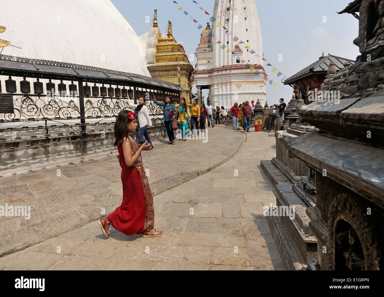 Kathmandu, Nepal, Asia, Young lady in traditional dress,Swayambhunath temple Stock Photo