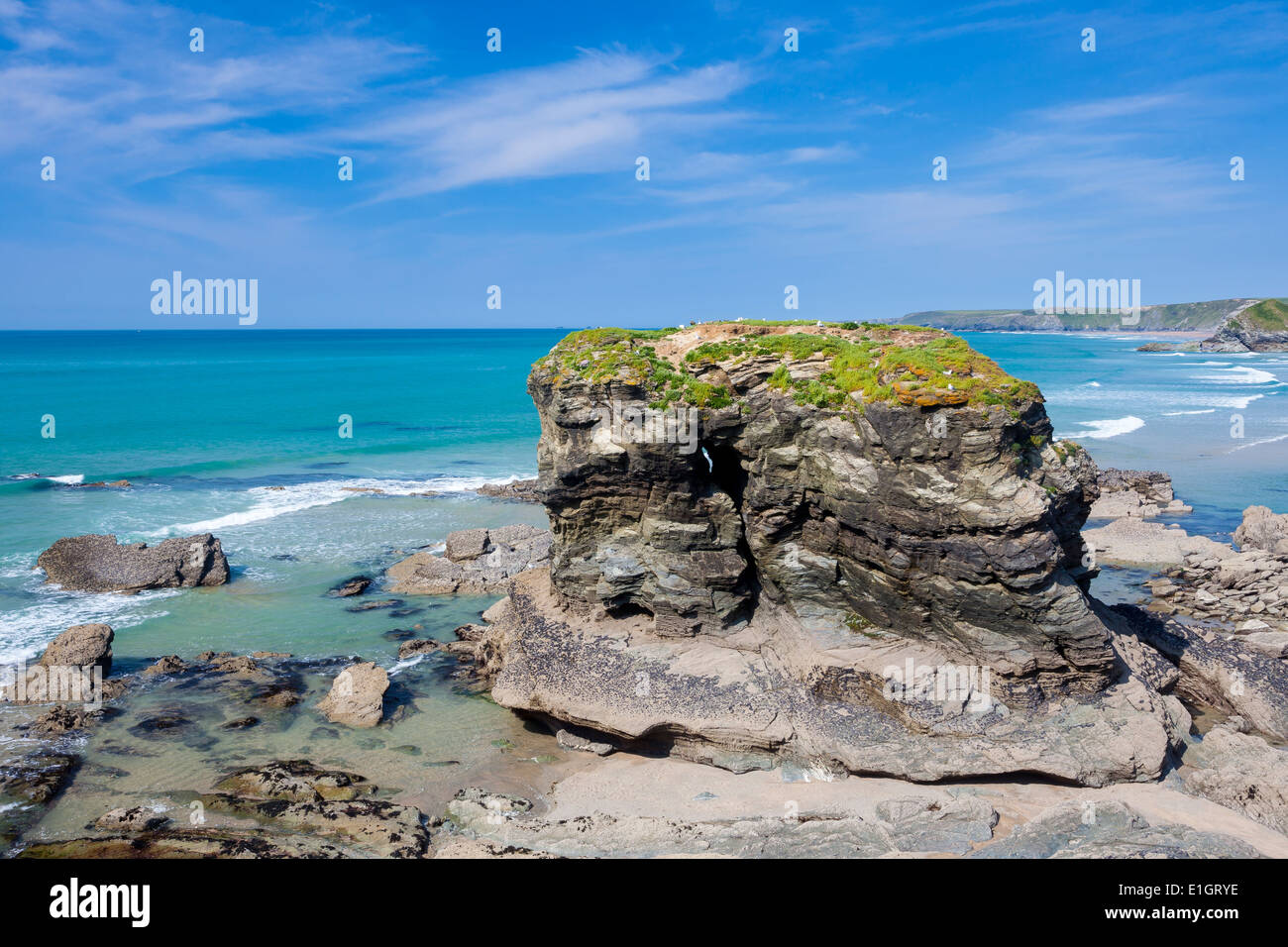 Dramatic cliffs and sea stacks at Trevelgue Head Porth near Newquay Cornwall England UK Europe Stock Photo