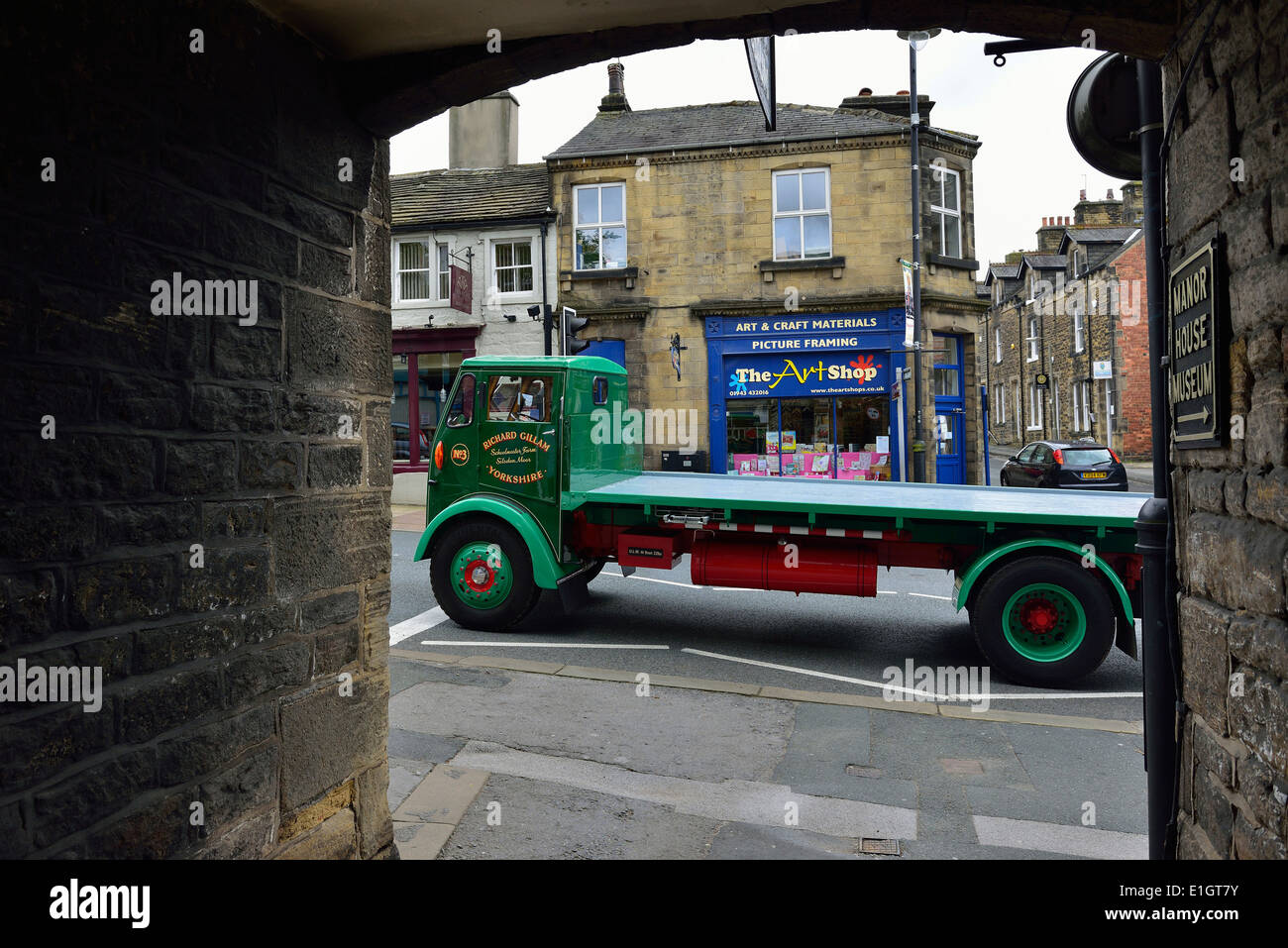 Vintage old lorry truck driving through Ilkley, West Yorkshire, England Stock Photo