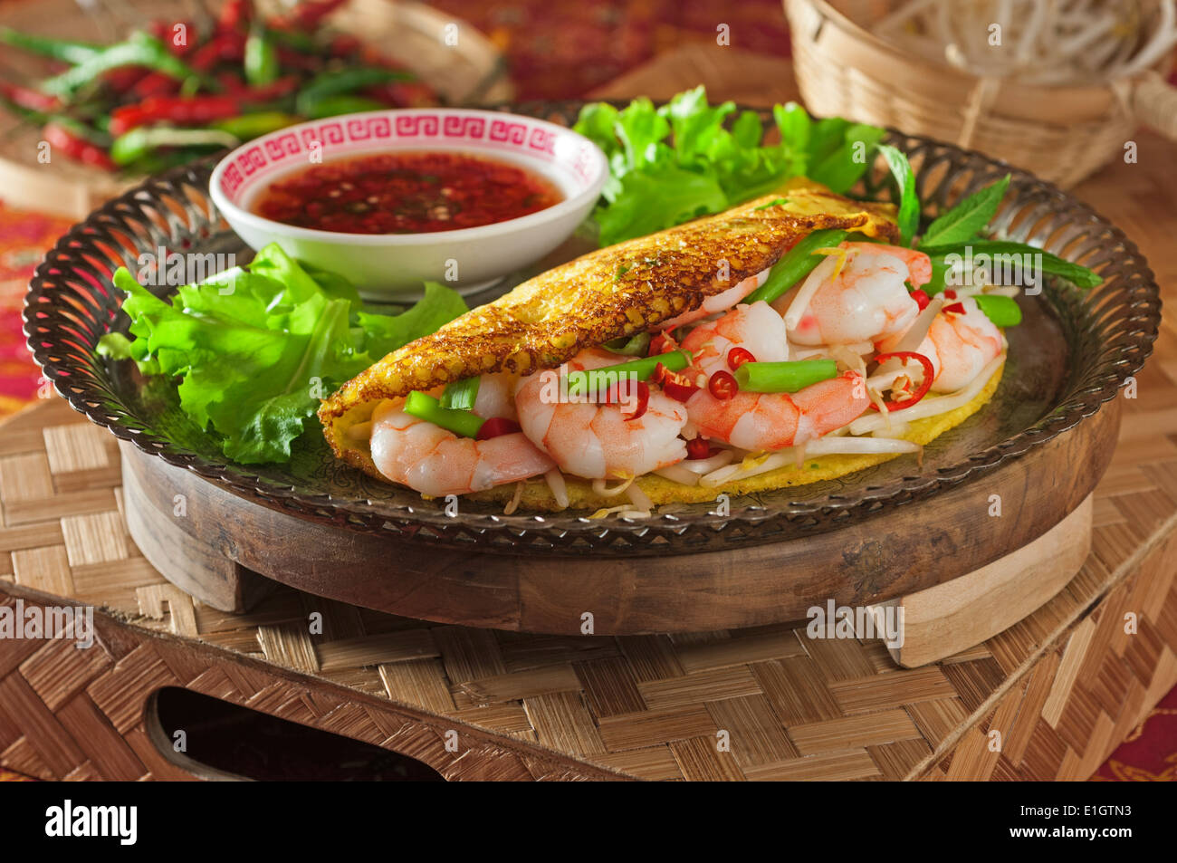 Banh Xeo. Vietnamese rice flour pancakes with prawns and bean sprouts