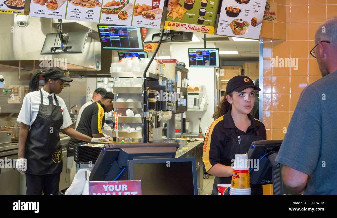 Watford City, North Dakota - Taco John's fast food restaurant, which is paying a $16-$20 starting wage for new hires. Stock Photo