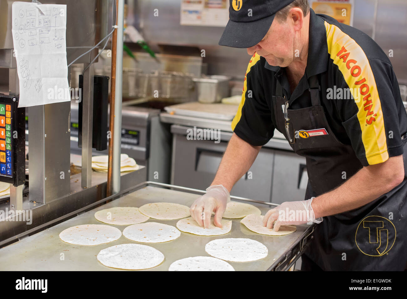 Watford City, North Dakota - Taco John's fast food restaurant, which is paying a $16-$20 starting wage for new hires. Stock Photo