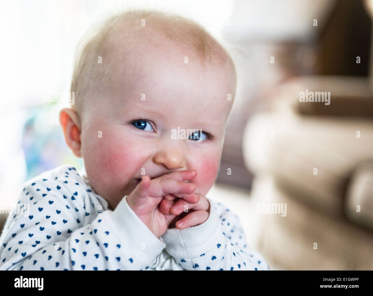 A 7 month old baby girl giggling. Stock Photo