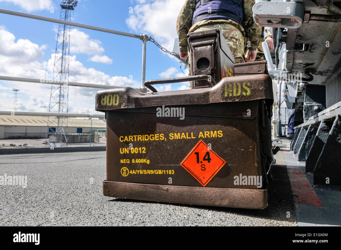 Ammunition boxes on a Royal Navy ship Stock Photo