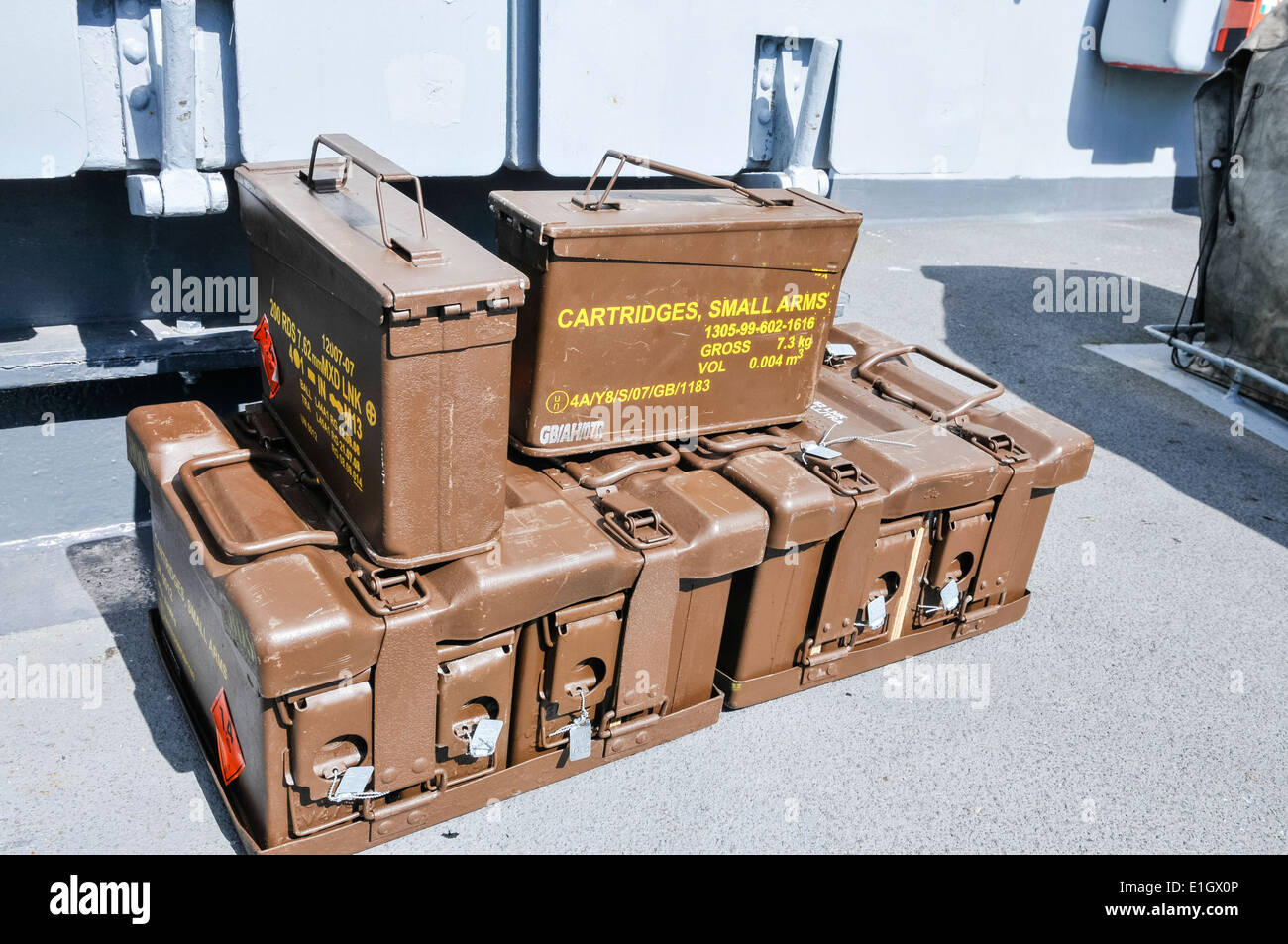 Ammunition boxes on a Royal Navy ship Stock Photo