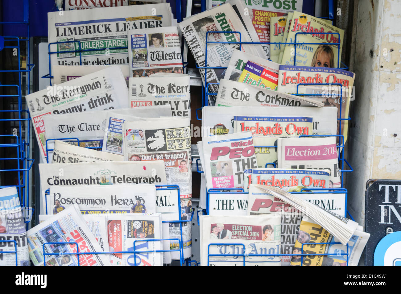 Selection of Irish newspapers on sale Stock Photo