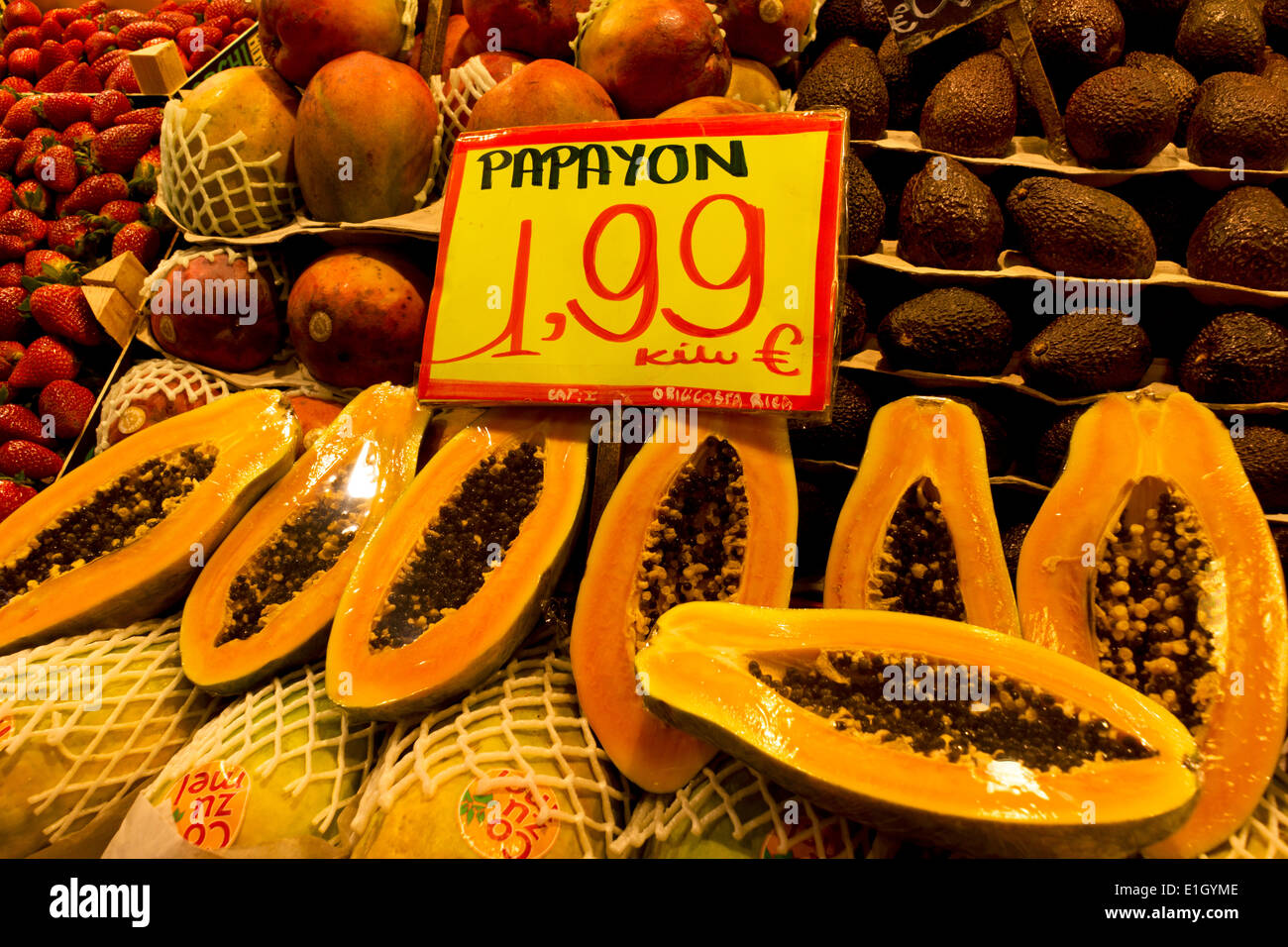 Papaya and other fruit on sale in a market, Barcelona, Spain Stock Photo Alamy