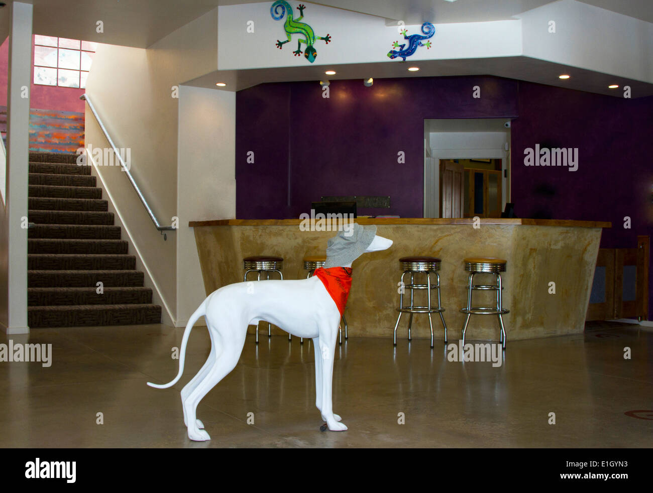 Interior Of A Modern Hotel With A Ceramic Dog Near The Front Desk