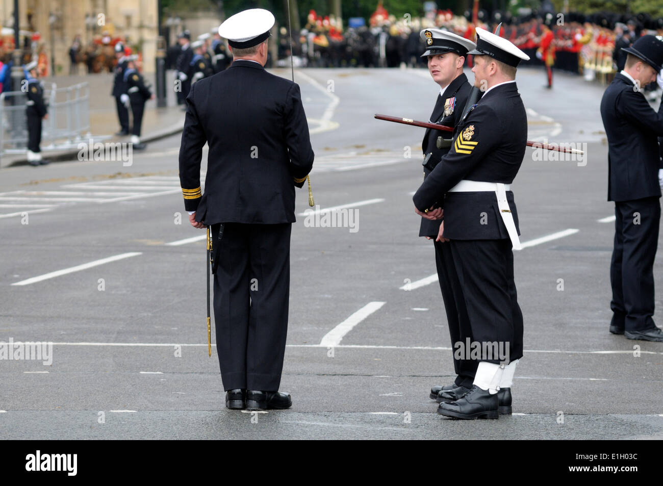 London, UK. 04th June, 2014. The State Opening of Parliament, Westminster, London. Members of the armed forces on duty in Parliament Square while the Queen is making her speech inside. Stock Photo