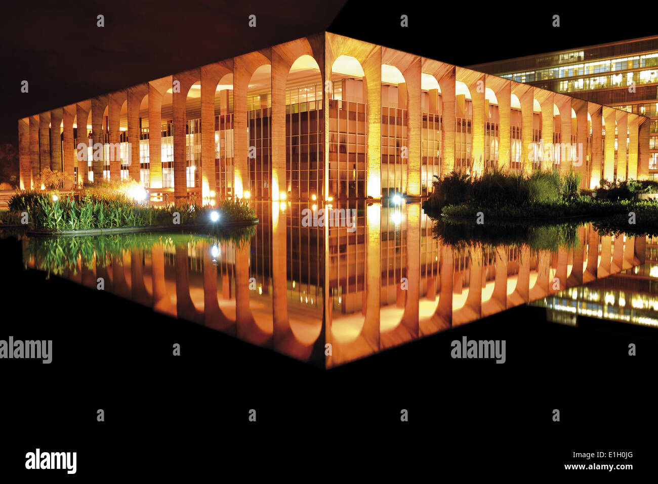 Brazil, Brasilia, Distrito Federal, brazilian capital, Ministry for Foreign Affairs, Itamaraty Palace, Oscar Niemeyer, architecture, building, state building, travel, tourism, Brazil 2014, Soccer World Cup 2014, horizontal, nocturnal illumination, Stock Photo