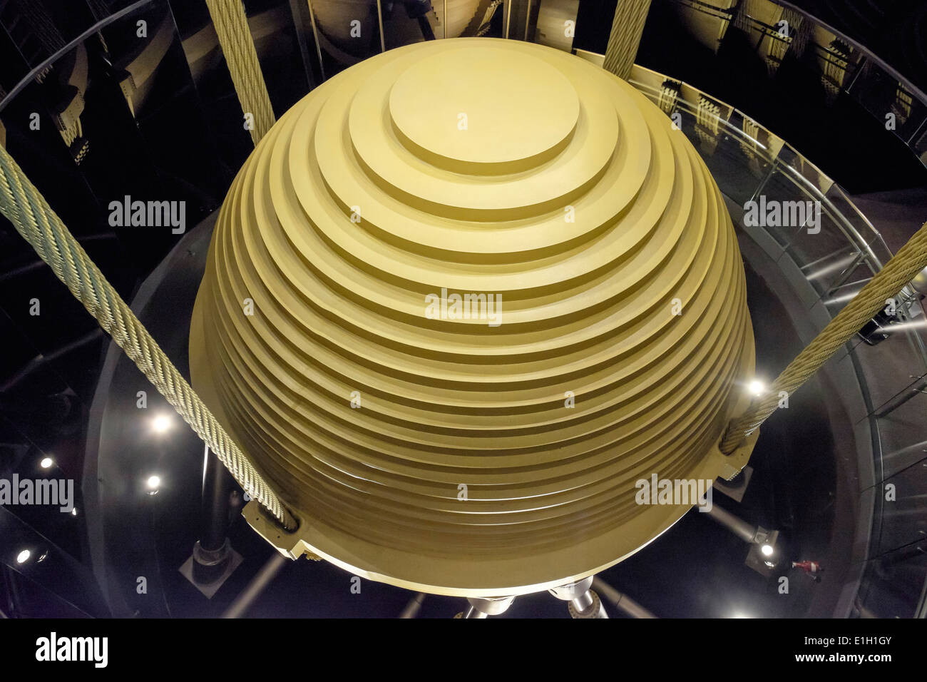 Steel pendulum mass damper in the Taipei 101 building, World Financial Center, Taipei, Taiwan. Stock Photo