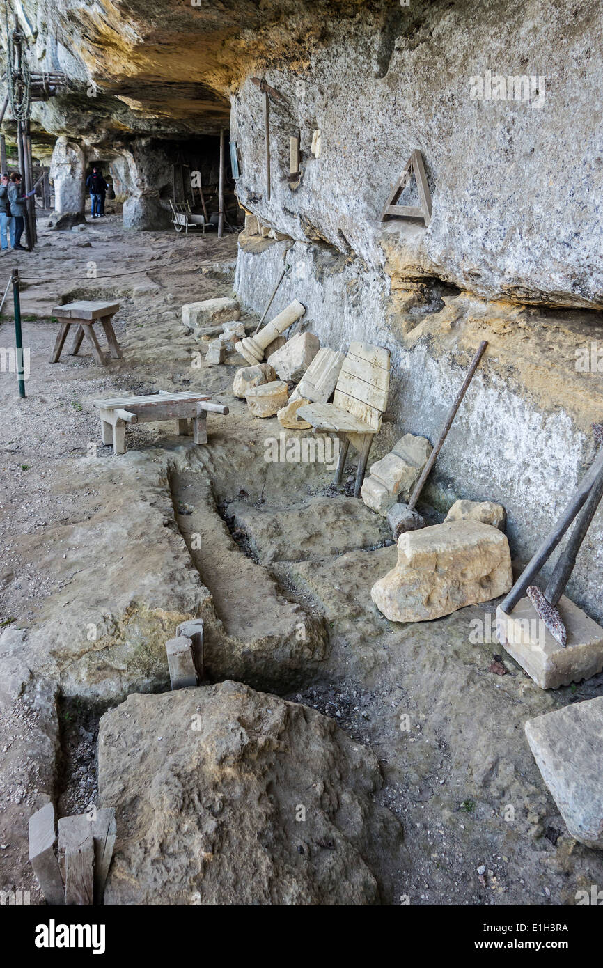 Medieval stone quarry at the fortified troglodyte town La Roque Saint