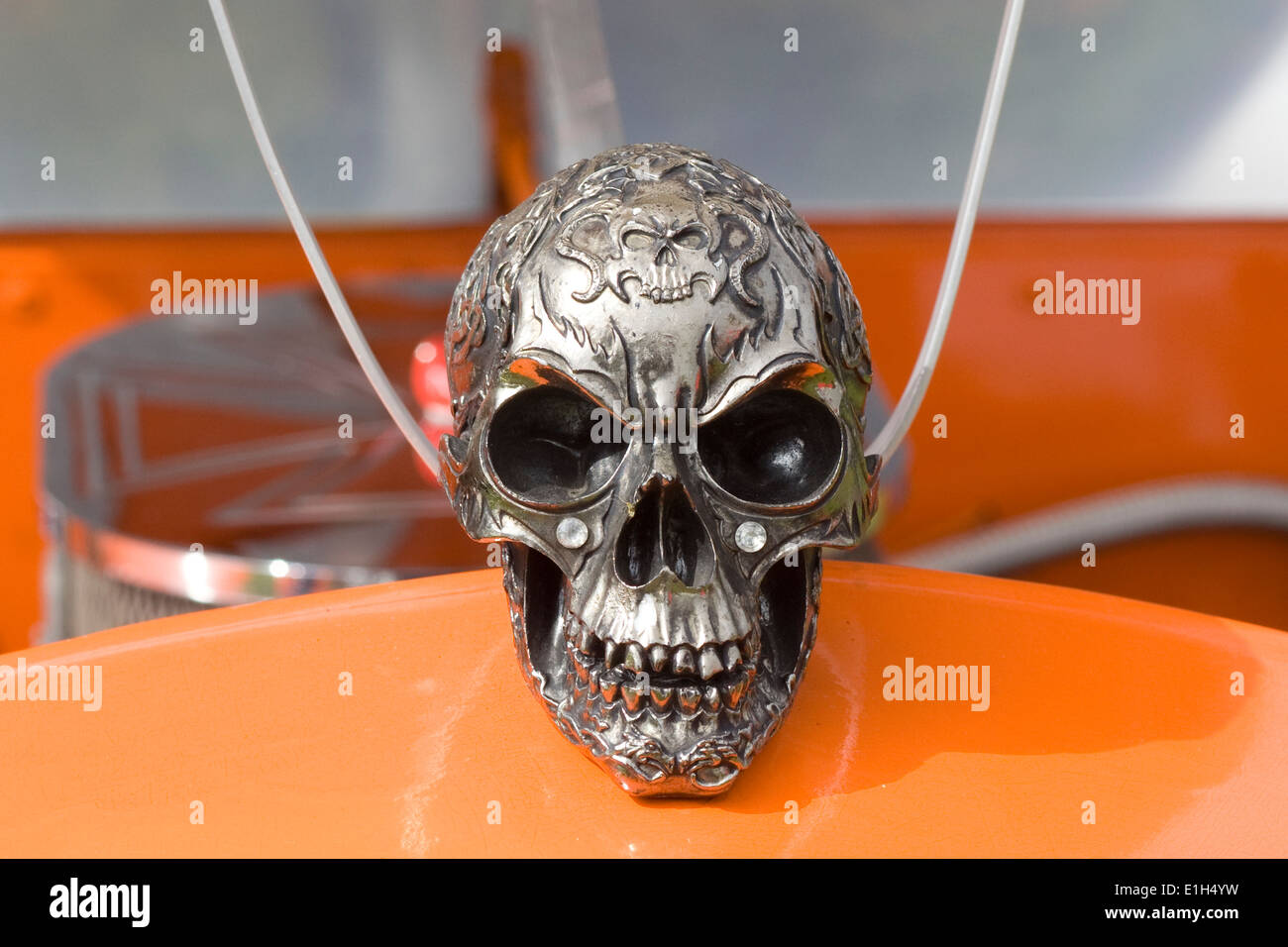 Pewter Skull Hood Ornament on a Volkswagen Beetle Stock Photo