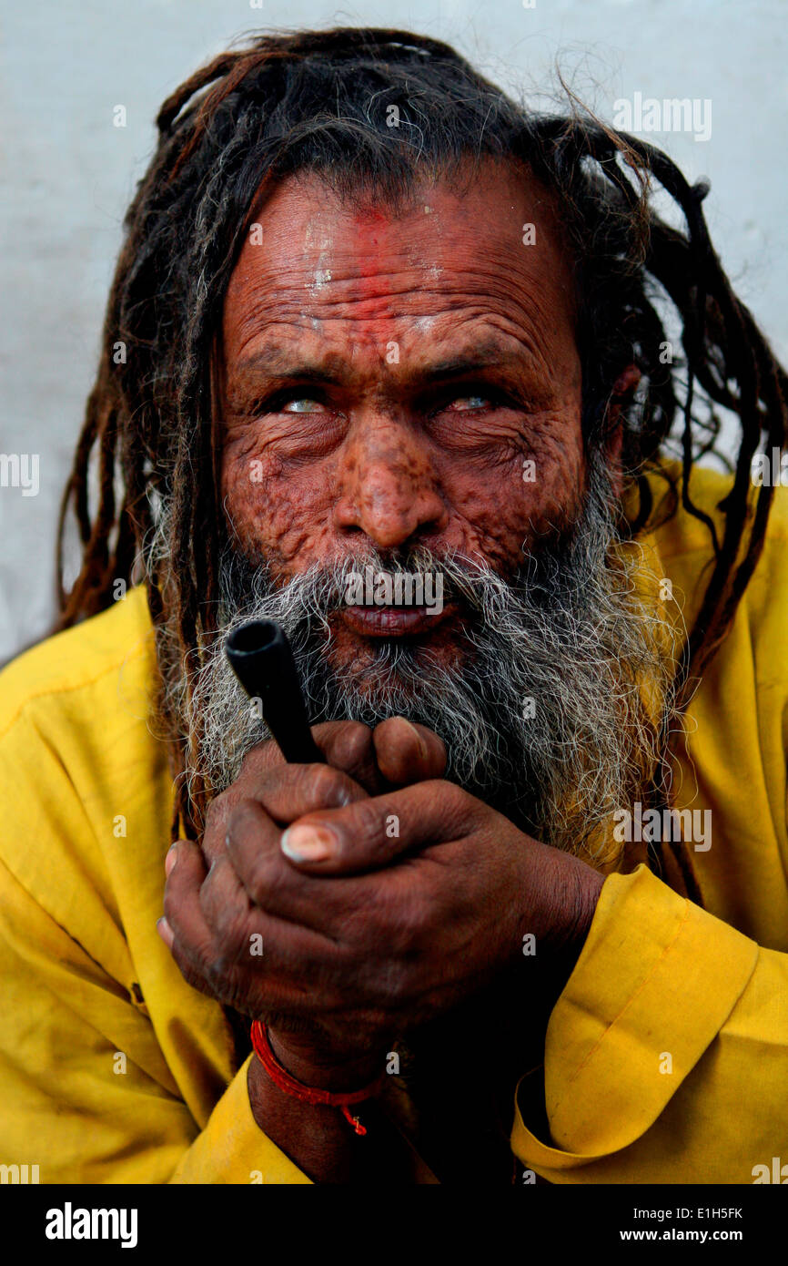 Basari, India, 2008. A blind Hindu Brahmin smoking. Stock Photo